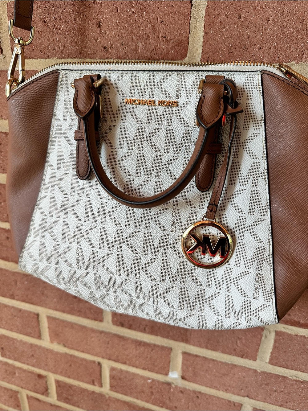 Michael Kors Brown and Vanilla Logo Satchel